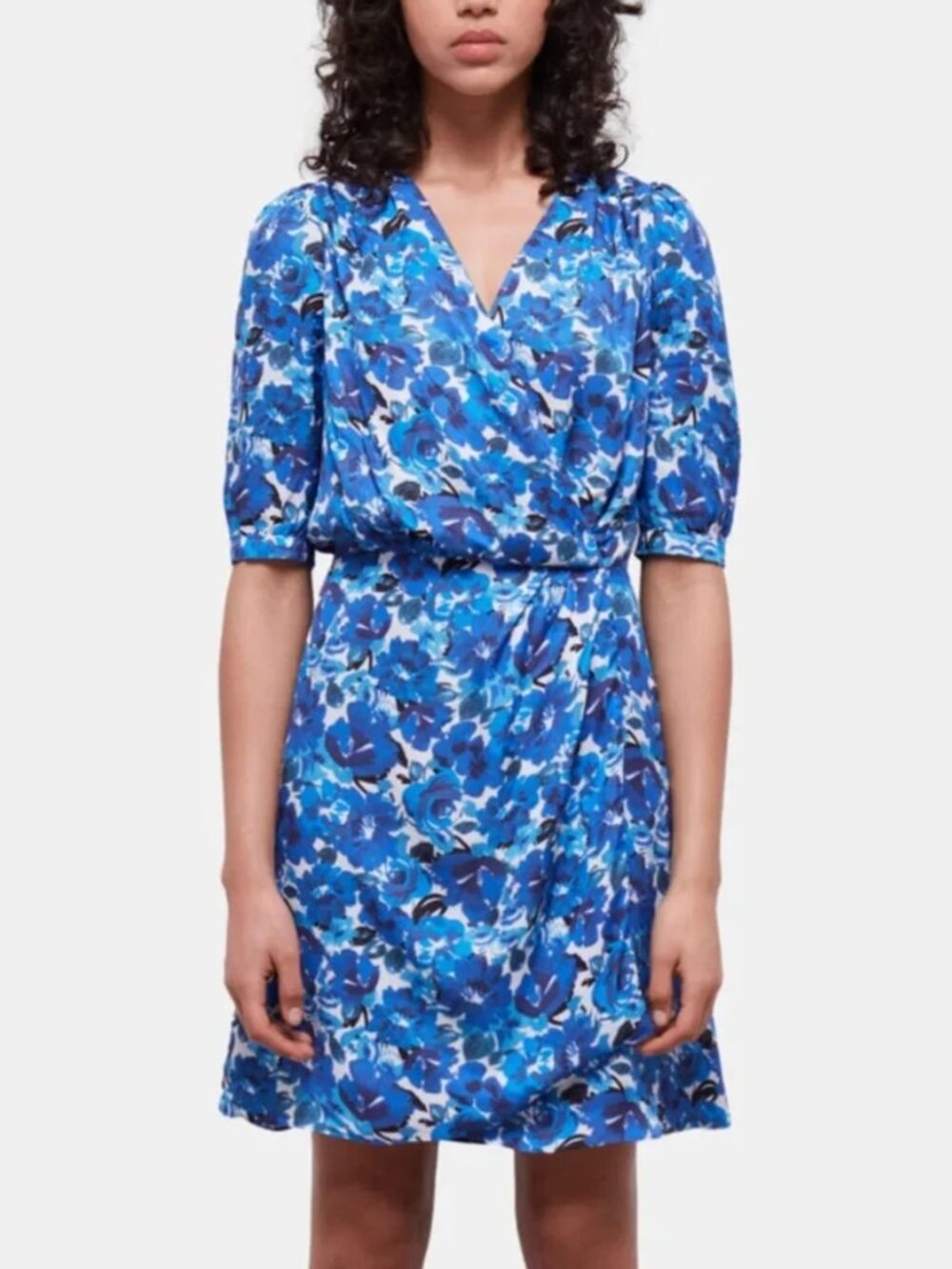 $365 NWT The Kooples Blue Black Smooth Flowers Cross Wrap Mini Dress size 1/S